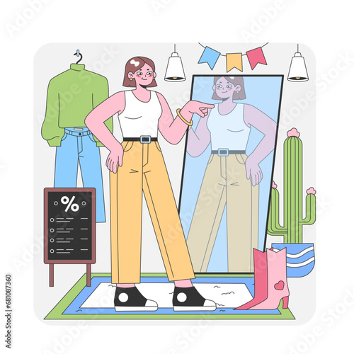 Fashion Discovery Moment. Woman joyfully spotting her reflection, trying on vibrant pants in a lively boutique setting, surrounded by trendy items and sale signage. Trying before buying. Flat vector