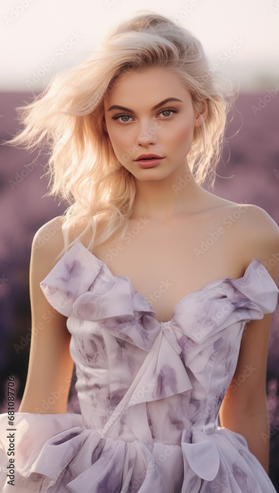 A young Caucasian woman with flowing blonde hair stands in a lavender field, wearing a charming ruffled dress. This scene is perfect for lifestyle and fashion photography.

