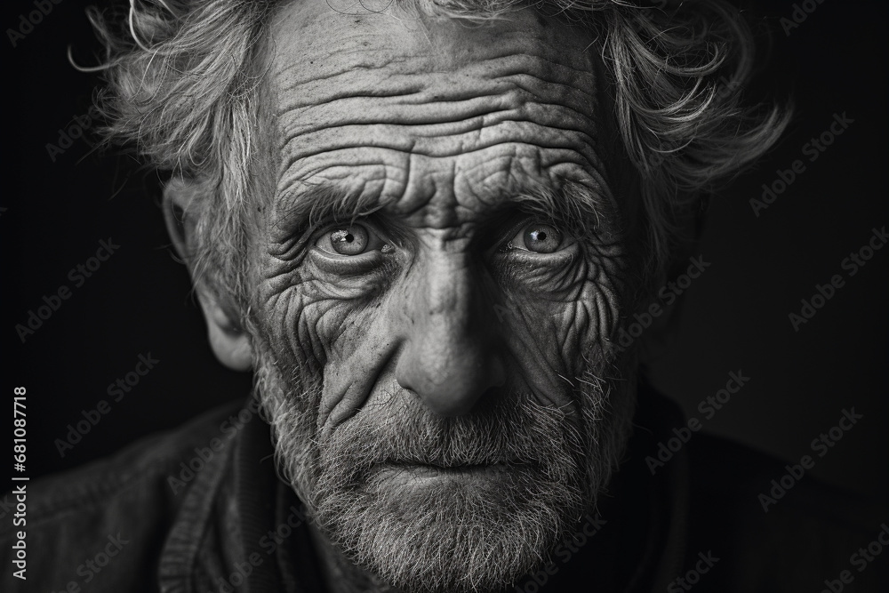 GENERATIVE AI: Time's Gentle Touch - Black and White Portrait of an Elderly Man with Kind Eyes and Wrinkles GENERATIVE AI: Time's Gentle Touch - Black and White Portrait of an Elderly Man with Kind Eyes and Wrinkles