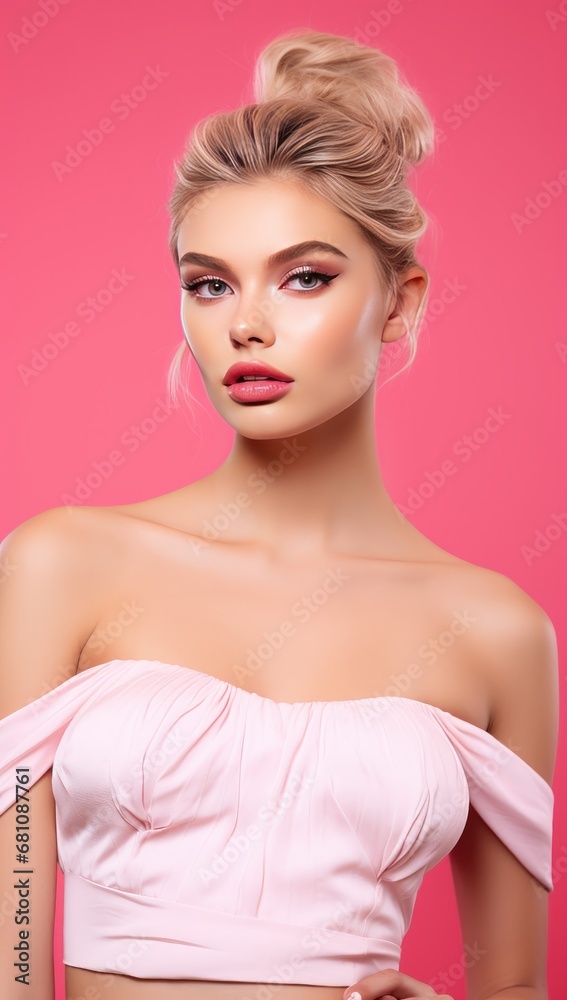 A glamorous young Caucasian woman with a high bun and elegant pink attire suitable for beauty and fashion themes.