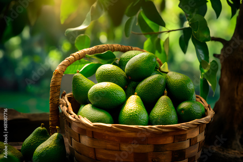 Harvesting of avocado fruit in a basket  gathering fresh oranges in the garden. 
