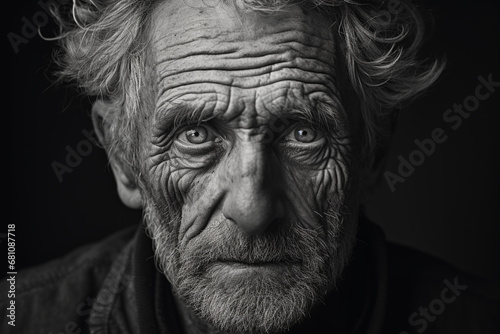 GENERATIVE AI: Time's Gentle Touch - Black and White Portrait of an Elderly Man with Kind Eyes and Wrinkles