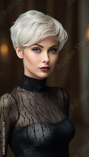 An elegant young Caucasian woman dressed in sleek black attire, sporting a fashionable blonde pixie cut, and accentuated by striking makeup. Perfect for high-end fashion and futuristic themes.