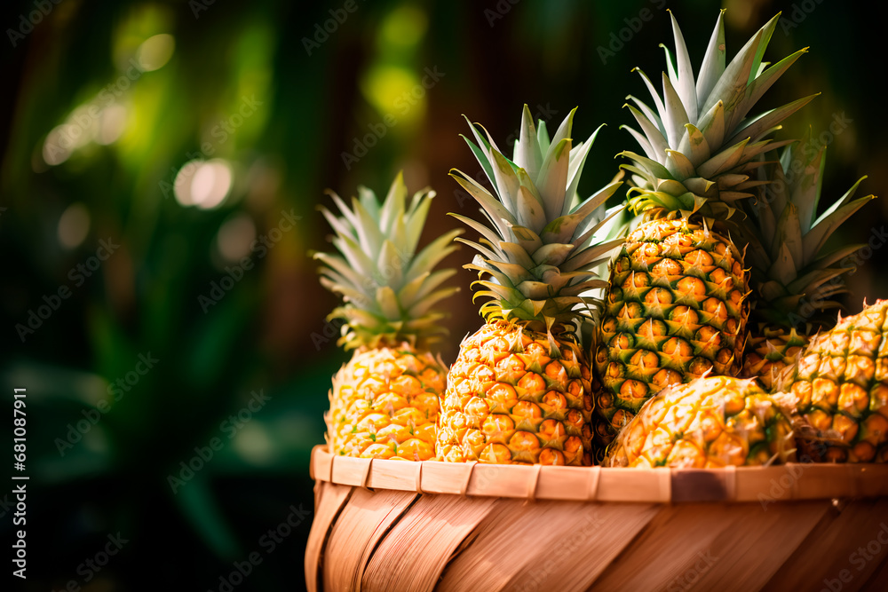 Harvesting of pineapple in a basket, gathering fresh oranges in the garden.
