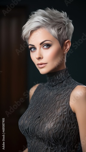 An elegant young Caucasian woman with a chic silver top and a stylish silver pixie cut, complemented by striking makeup. Perfect for high-end fashion and futuristic themes.