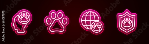 Set line Human with animals footprint, Paw, World pet and Animal health insurance. Glowing neon icon. Vector