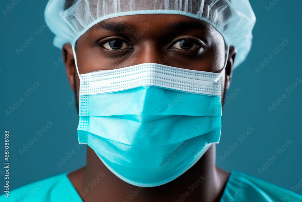 Bright image: Close-up portrait of a dedicated African male doctor in uniform, wearing a mask and medical cap, ready for duty. Bright image: Close-up portrait of a dedicated African male doctor in uniform, wearing a mask and medical cap, ready for duty.