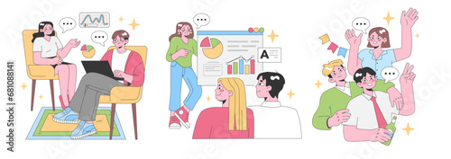 Office Dynamics set. Collaborative team discussions around charts. Laptop presentations, pie chart evaluations, peer interactions, celebratory moments. Flat vector illustration.