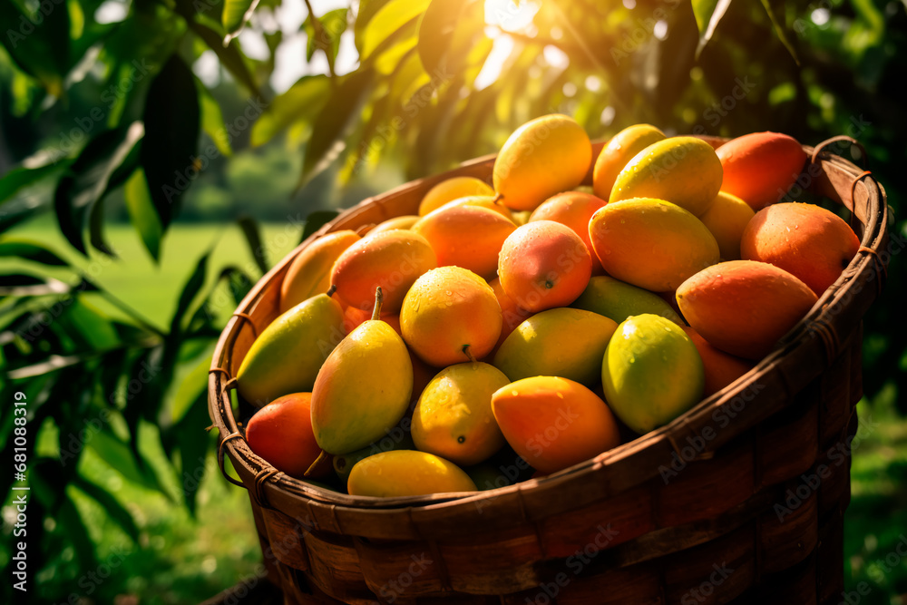 Harvesting of mangoes fruit in a basket, gathering fresh oranges in the garden.
