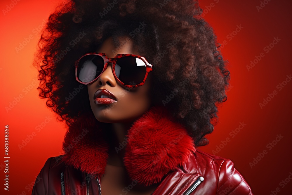 Sophisticated Style: A Woman Embracing the Sun with Sunglasses and a Bold Red Fur Collar Sophisticated Style: A Woman Embracing the Sun with Sunglasses and a Bold Red Fur Collar