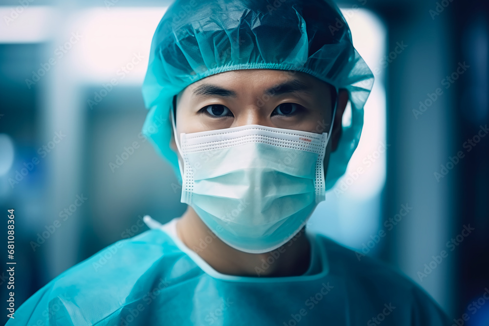 Bright image: Close-up portrait of a dedicated Asian male doctor in uniform, wearing a mask and medical cap, ready for duty.
Bright image: Close-up portrait of a dedicated Asian male doctor in uniform, wearing a mask and medical cap, ready for duty.