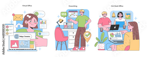 Modern Office Types set. Diverse professionals navigating through virtual work, sharing spaces in coworking zones, and optimizing productivity in hot desk environments. Collaborative work dynamics
