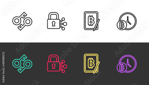 Set line Cryptocurrency key, Lock with bitcoin, Mining from tablet and Bitcoin clock on black and white. Vector