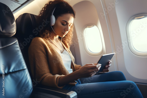 Attractive girl listening music with headphone and mobile on airplane, positive female passenger enjoying flight internet generated by AI.