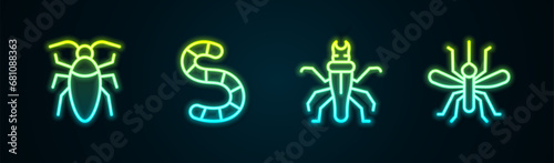 Set line Cockroach, Worm, Termite and Mosquito. Glowing neon icon. Vector