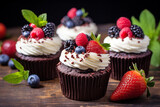 Chocolate cupcakes with cream cheese and fresh berries