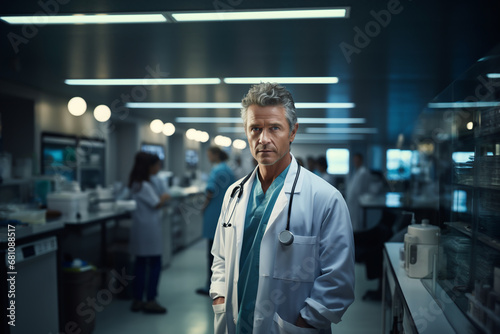 portrait of a doctor in a white coat against the background of a hospital photo