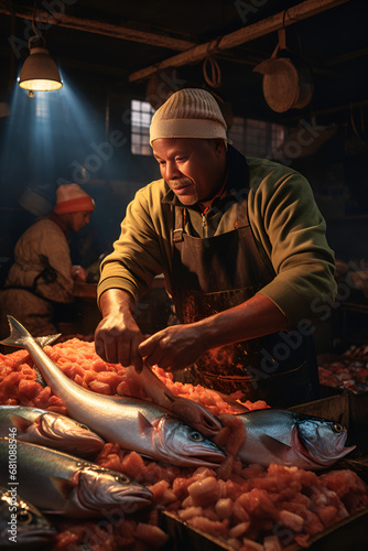 fish in the market, Man carving turkey with precision and skill, Indian man selling fish at fish market