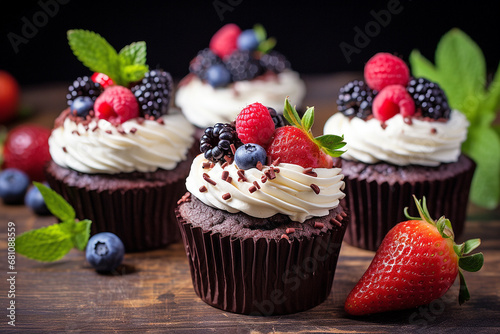 Chocolate cupcakes with cream cheese and fresh berries