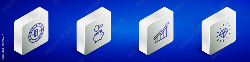 Set Isometric line Bitcoin, Piggy bank and hammer, Financial growth increase and Diamond icon. Vector Set Isometric line Bitcoin, Piggy bank and hammer, Financial growth increase and Diamond icon. Vector