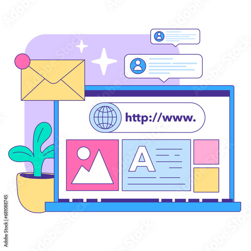 Engaging web browsing scene showcases lively conversation bubbles, a cheerful envelope hinting at communication, and vibrant webpage elements. Modern digital interactions come to life. Flat vector