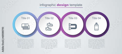 Set line Towel stack, Sport sneakers, Chest expander and Punching bag. Business infographic template. Vector
