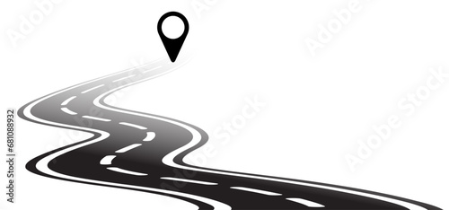 Winding road. Curved road with white markings. Road with gps pins or pointer pin. Curve way or asphalt highway or city street. Winding route template. Flat parts road wavy. Path wave.