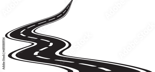 Winding road. Curved road with white markings. Asphalt roadway with turns. Curve way or asphalt highway or city street. Winding route template. Zigzag line pattern. Flat parts road wavy. Path wave.