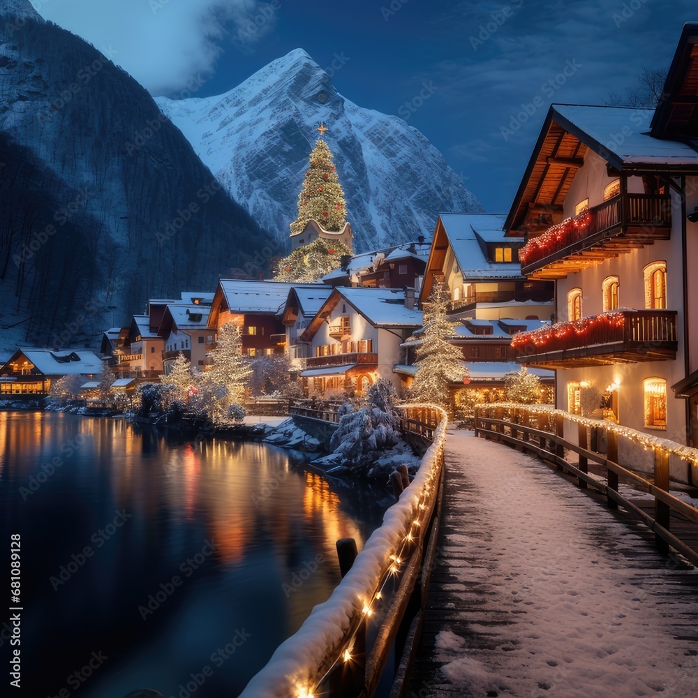 Naklejka premium A Joyful Christmas in the Mountain Village, generative AI