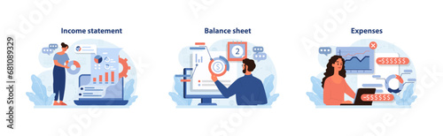 Financial reports set. Experts analyzing income statement, fine-tuning balance sheet, and tracking expenses. Money management in visuals. Flat vector illustration. © inspiring.team