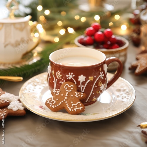 Steaming hot caramel latte in glass mug on wooden background  cinnamon sticks  christmas mood