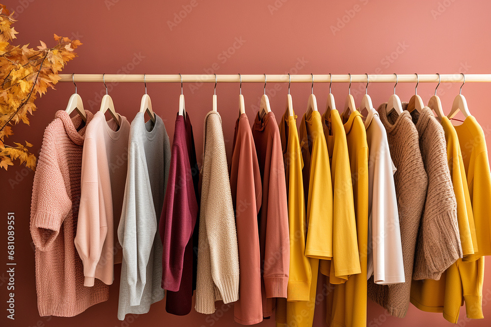 Many autumn and winter clothes hanging in row Many autumn and winter clothes hanging in row