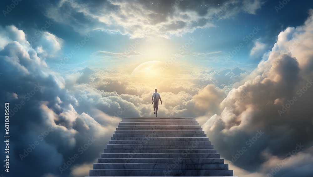 Stairway to Infinity: A Man Ascending Towards the Endless Skies - obrazy, fototapety, plakaty 
