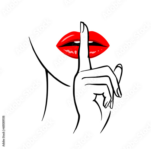 Female finger silence gesture on her red lips.