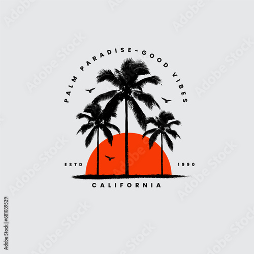 California sunset logo badge on white background graphics for t-shirts and other print production. Palm tree silhouette concept. Vector illustration. Flat style design