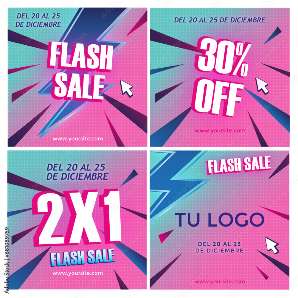 Flash Sale set de posteos para redes sociales instagram facebook fondo claro colores pasteles con trama Flash Sale set de posteos para redes sociales instagram facebook fondo claro colores pasteles con trama