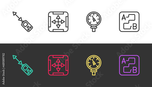 Set line Laser distance measurer, Area measurement, Pressure water meter and Route location on black and white. Vector