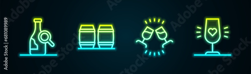 Set line Bottle of wine, Wooden barrel for, Wine tasting, degustation and glass. Glowing neon icon. Vector photo