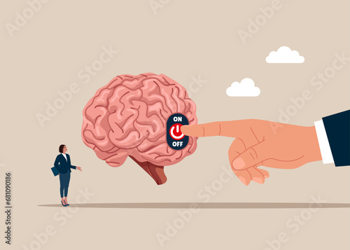 Big hand turns on or off the cerebrum switch. Vector illustration