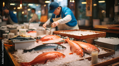 sushi on a plate, Several fresh Norway lobsters on a fish stand, Spain, Raw fish market, wet market or fresh seafood market

 photo