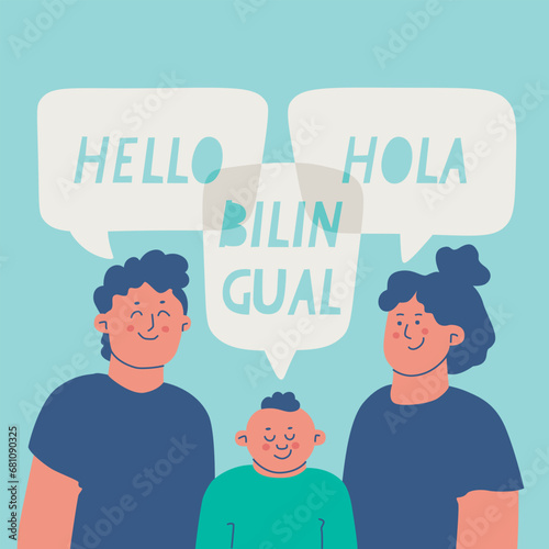 Bilingual child in a multilingual family. Dad, mom and their son speak English and Spanish. Vector isolated illustration.