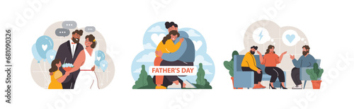 Family Moments Set. A groom with his step-daughter at a wedding, a heartwarming embrace on Father's Day, and a couple discussing issues in family therapy. Navigating relationships. Flat vector.