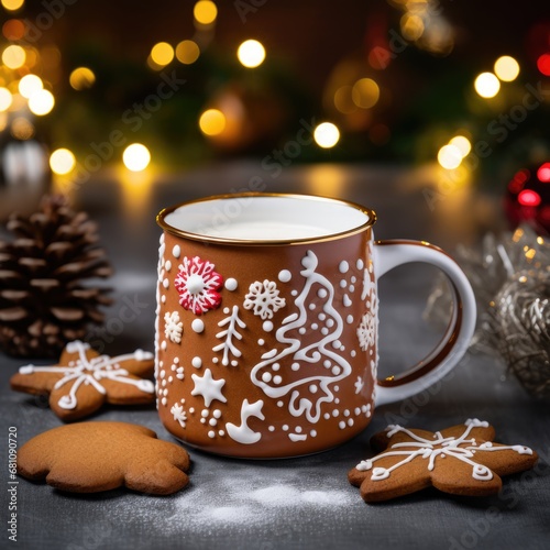 Steaming hot caramel latte in glass mug on wooden background, cinnamon sticks, christmas mood