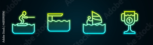 Set line Water skiing man, Diving board or springboard, Windsurfing and Award cup. Glowing neon icon. Vector