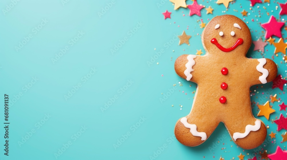 Gingerbread cookie man on bright colorful background Gingerbread cookie man on bright colorful background