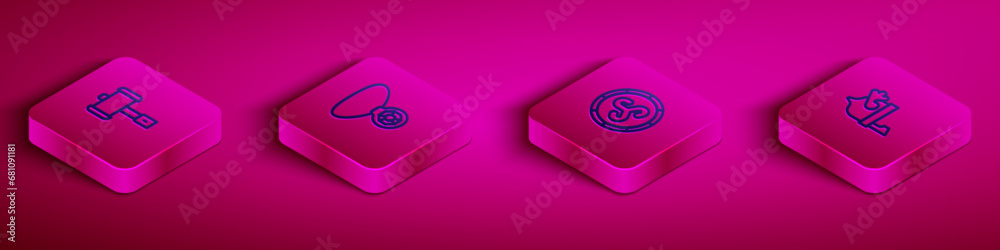 Set Isometric line Battle hammer, Necklace with gem, Shield viking and Viking horned helmet icon. Vector Set Isometric line Battle hammer, Necklace with gem, Shield viking and Viking horned helmet icon. Vector