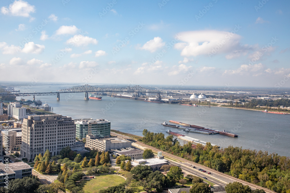 view from state capitol tower in Baton Rouge to river Mississippi and town