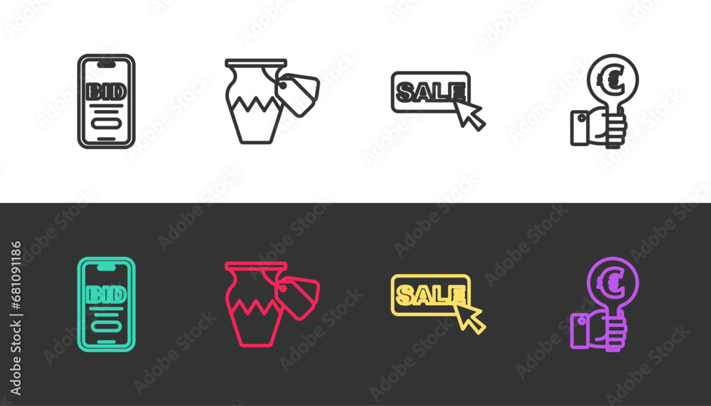 Set line Online auction, Auction ancient vase, Price tag with Sale and Hand holding paddle on black and white. Vector Set line Online auction, Auction ancient vase, Price tag with Sale and Hand holding paddle on black and white. Vector
