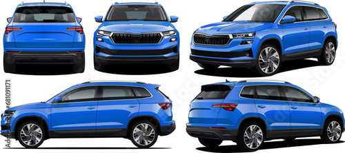 Vector Realistic Blue Car SUV collection isolated on white transparent background.