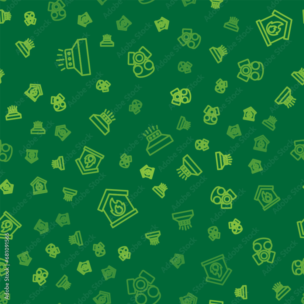 Set line Fire sprinkler system, burning house and Gas mask on seamless pattern. Vector
